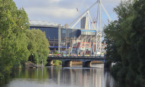 The River Taff with the Principality Stadium in the background. 