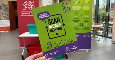 Hand holding green and purple flyer with scan, recycle, reward logo on it. 