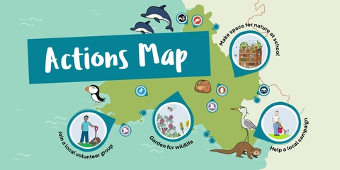 Illustrated map of south and west Wales with examples of actions for nature