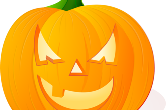 Cartoon pumpkin with scary faced carved out.
