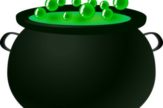 black cauldron with green bubbling contents