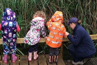 3 small children and one adult looking into a small pond