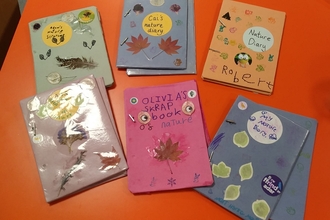 Six colourful nature diaries decorated with drawings, stickers and feathers.