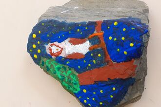 slate painted with a starry night sky, tree and barn owl stood on a branch