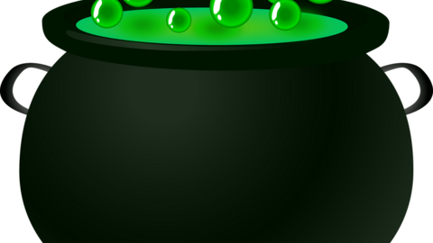 black cauldron with green bubbling contents