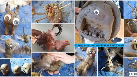 collection of photos showing clay model creatures