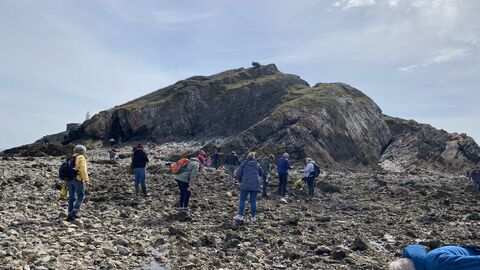 People searching among the boulders and pebbles on Mumbles foreshore