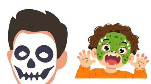 2 graphics showing faces painted as a skull and a green monster