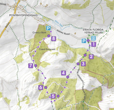 A map showing the 9 points of the red squirrel trail 