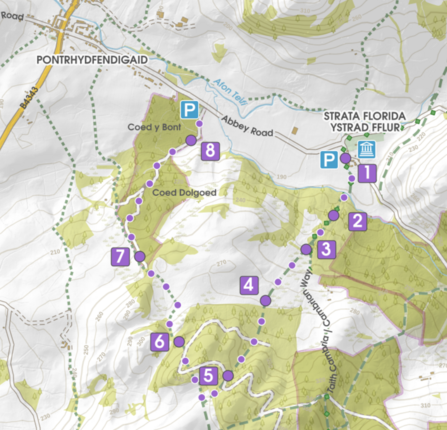 A map showing the 9 points of the red squirrel trail