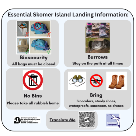 Essential Skomer Information - all bags must be closed, stay on the path at all times, take all rubbish home and please bring binoculars, sturdy shoes, waterproofs, suncream and no drones.