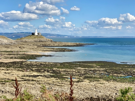 View of Bracelet Bay at low tide with Mumbles Lighthouse in the distance