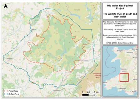 A map of the Mid Wales Red Squirrel Project area. 