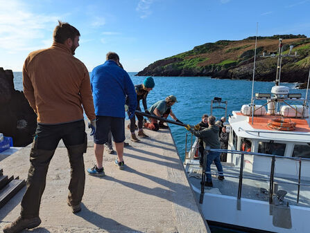 Staff unloading materials onto Skokholm