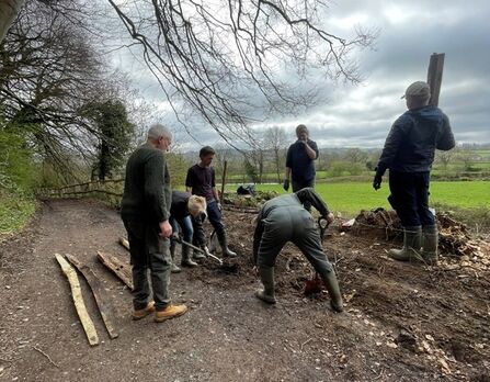 A group of people fixing a fence along a woodland path