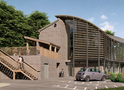 An artist impression of the proposed changes to the Welsh Wildlife Centre. There are people of different ages, races and abilities in the image. 